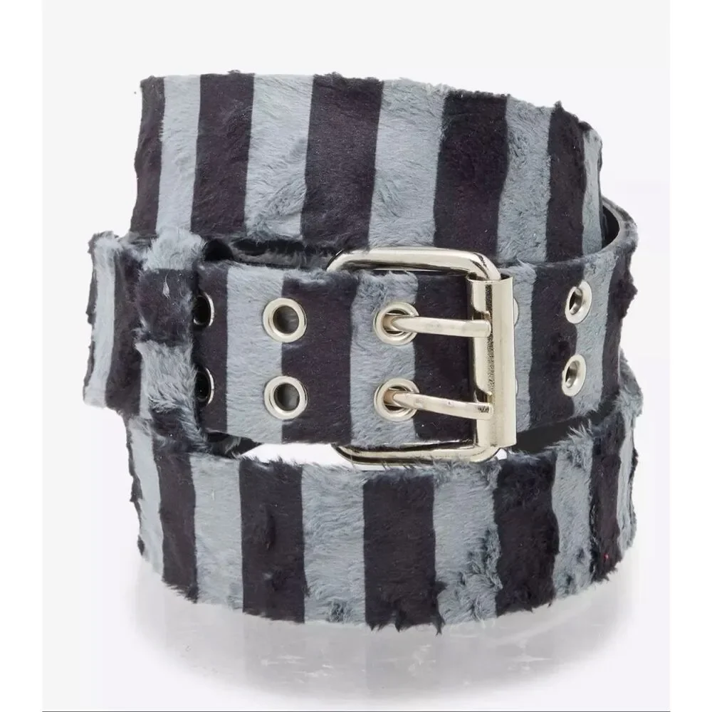 Hot Topic Black & Grey Stripe Faux Fur Grommet Belt New Size Large Unisex